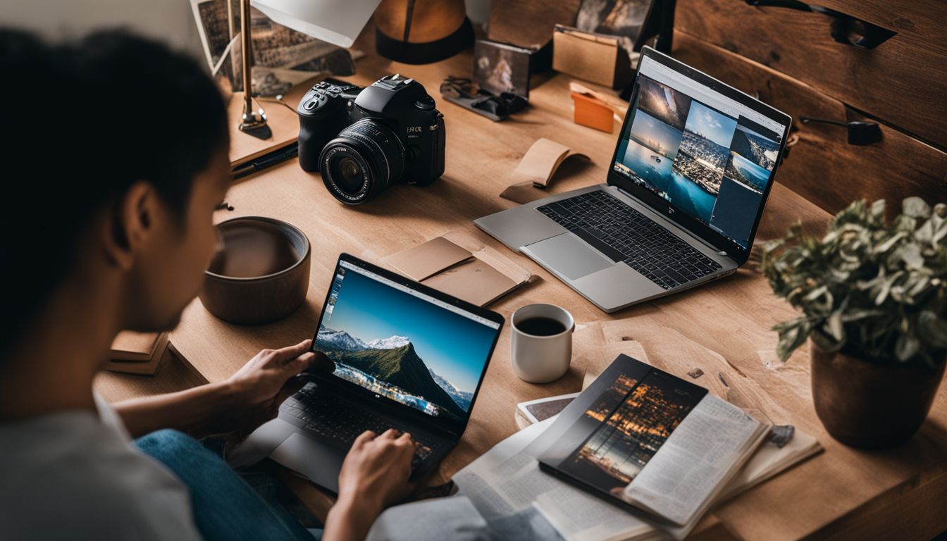 A diverse photographer's desk with books, laptop, and camera equipment