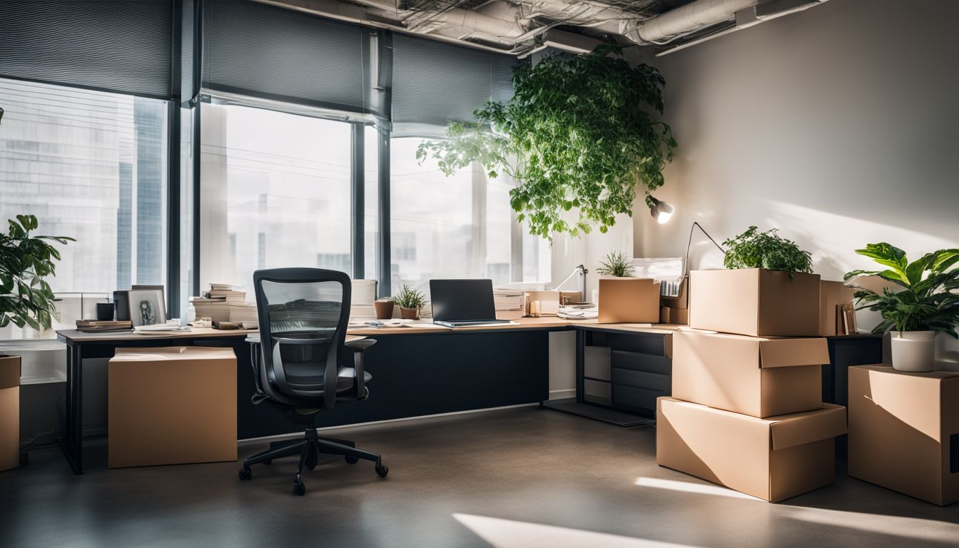 An empty office desk with packing boxes and a sad looking plant.