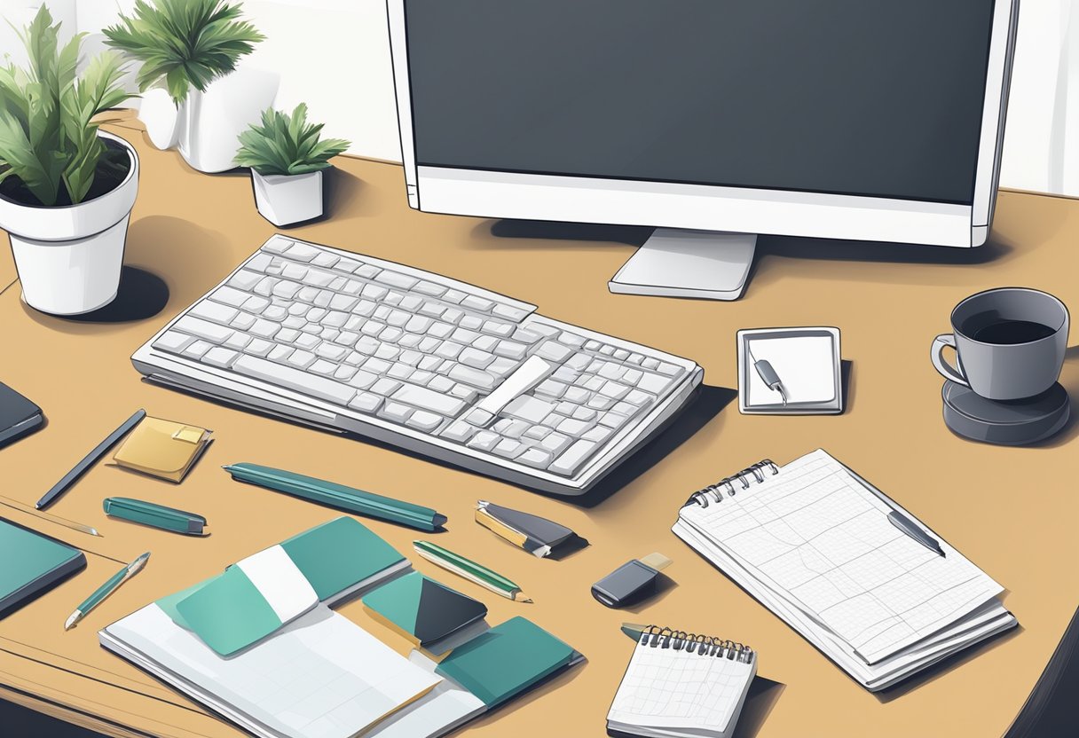 A desk with a pen, paper, and a computer, surrounded by office supplies and a framed photo. A calm and organized workspace