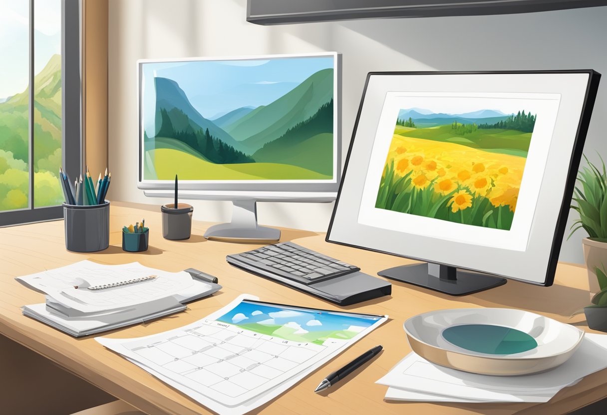A desk with a pen, paper, and computer. A framed photo of a peaceful landscape. A calendar with the retirement date circled
