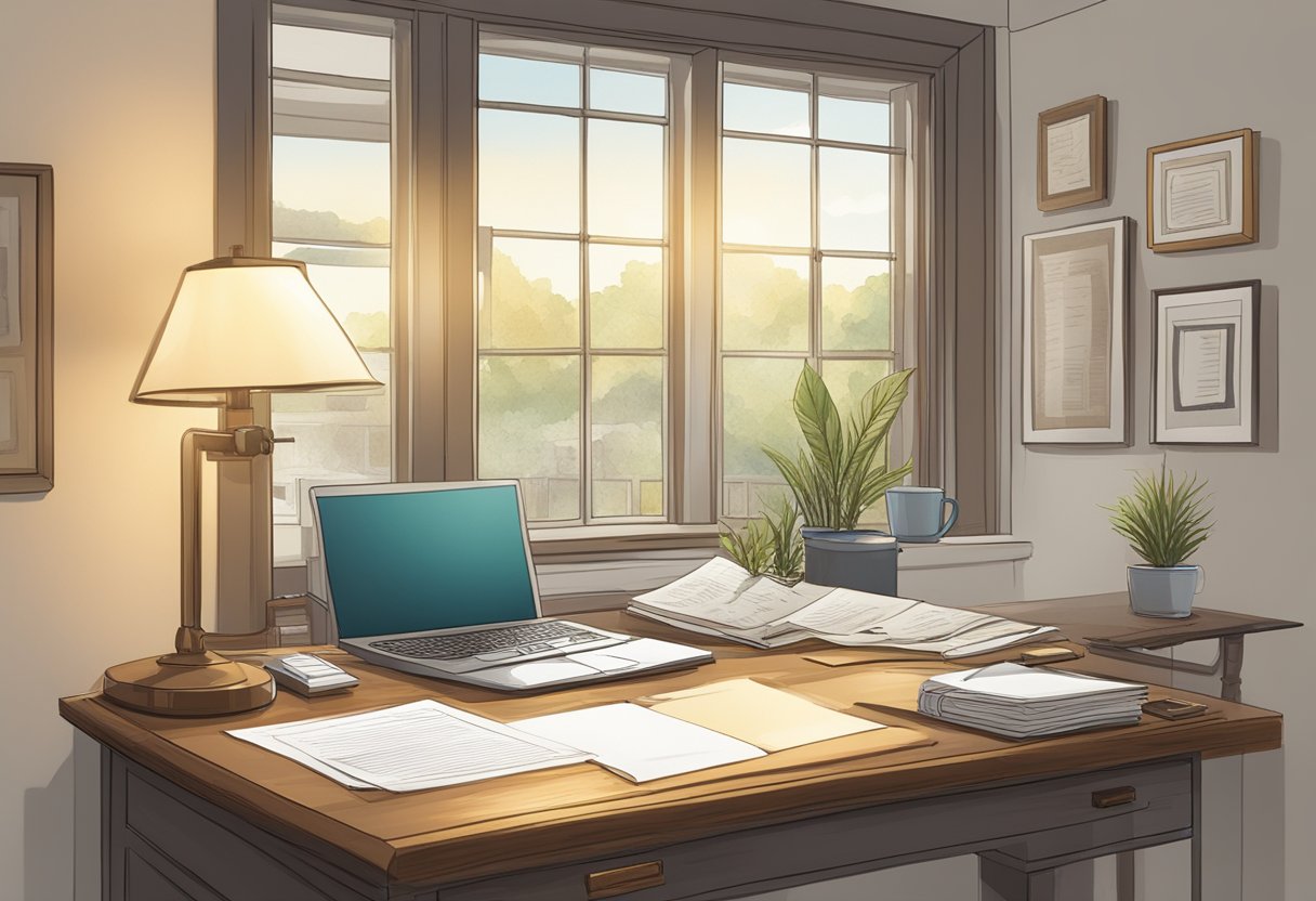 A desk with a pen, paper, and computer. A framed retirement letter sample on the wall. Light from a window illuminates the scene
