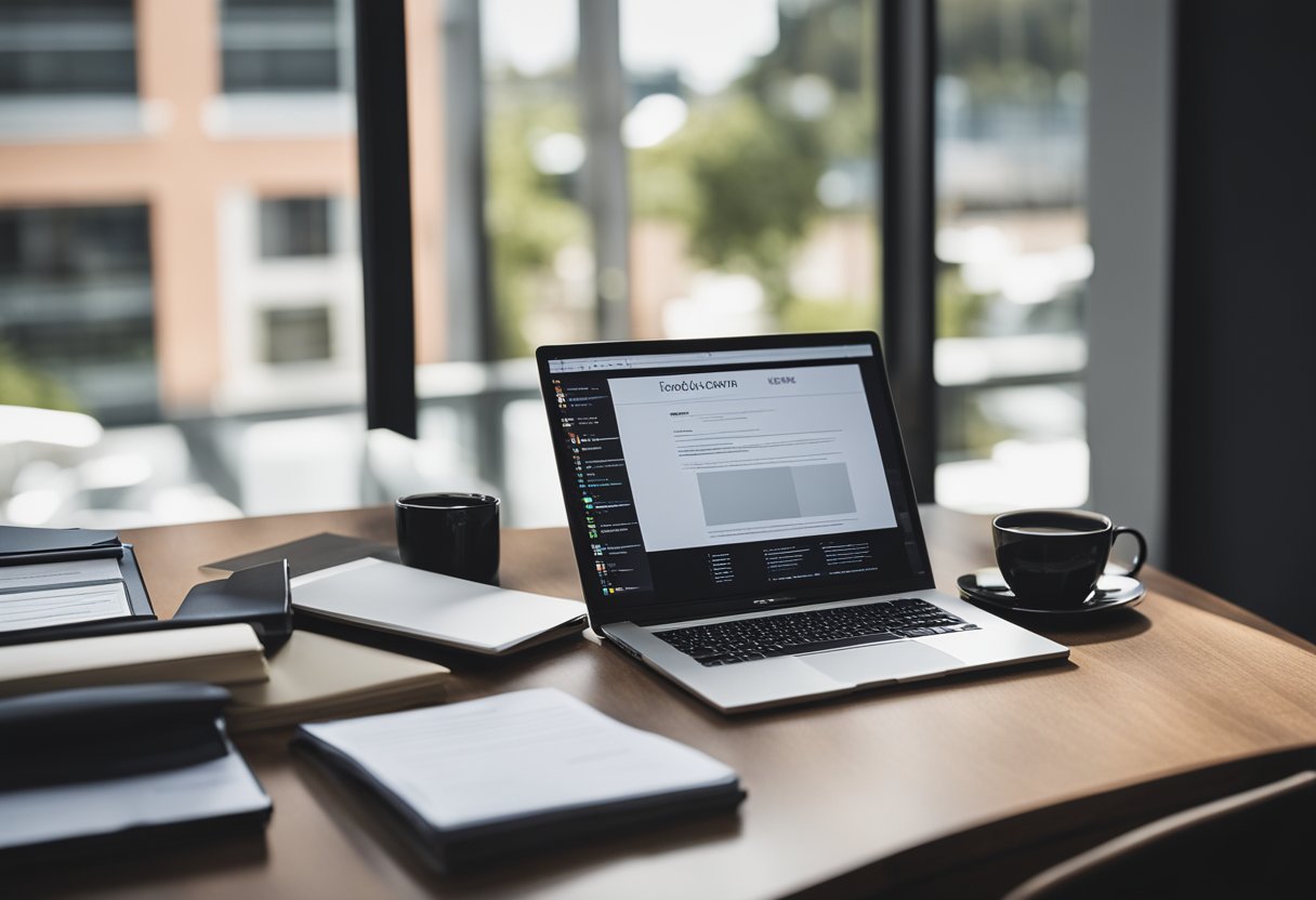 A desk with a laptop, pen, and paper. A stack of resumes and a professional-looking cover letter laid out neatly. A window with natural light