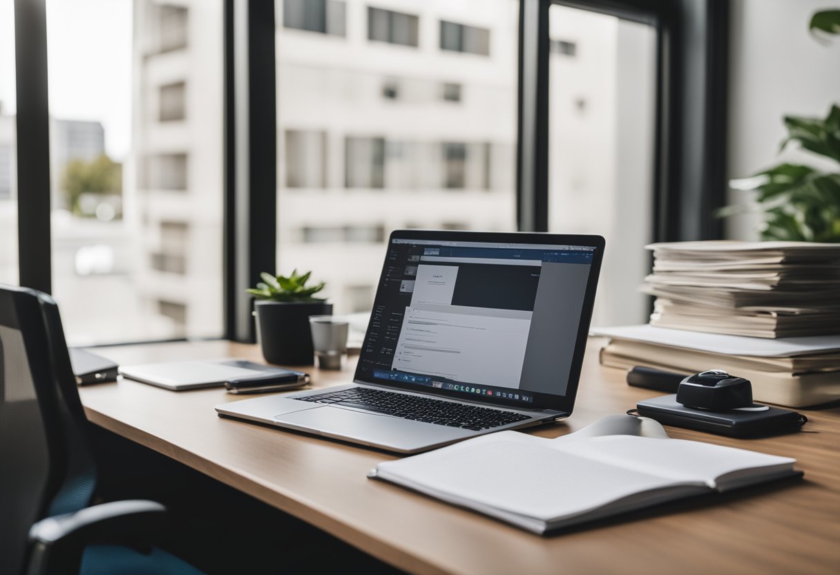 A desk with a computer, notebook, and pen. A stack of resumes and a printed cover letter. A window with natural light