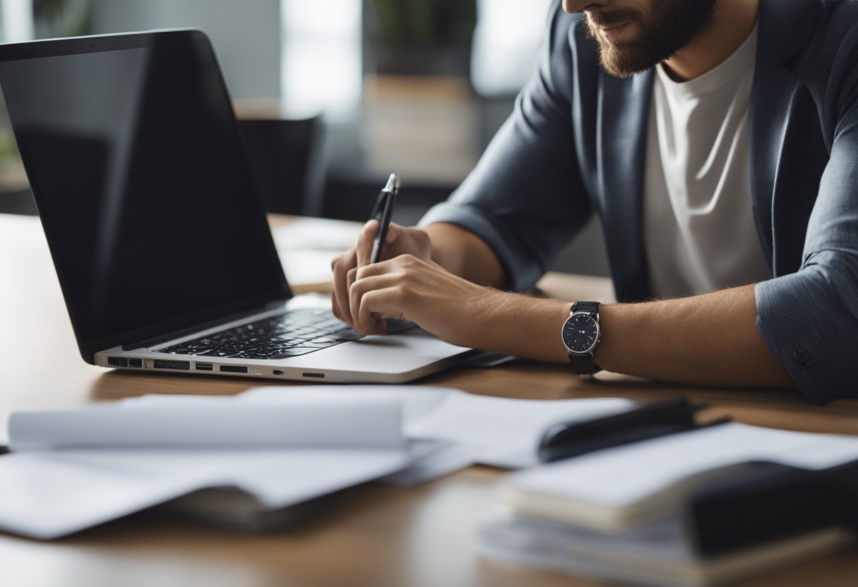 A person sitting at a desk with a laptop, surrounded by papers and books, researching the company and position. A cover letter is being written