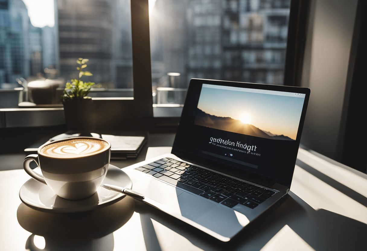 A desk with a laptop, notebook, and pen. A cup of coffee sits next to the laptop. A window with sunlight shining through