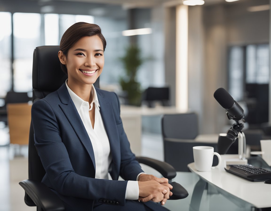 A confident person sitting in an interview, speaking confidently with a smile, surrounded by a professional setting with a desk, chair, and other office equipment