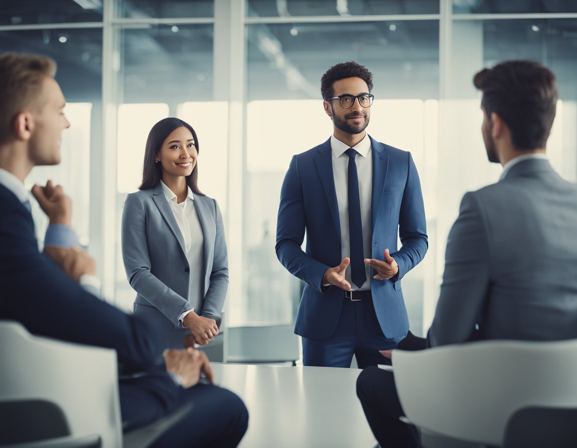 A person standing confidently in front of a panel of interviewers, answering the question "Why should we hire you?" with poise and conviction. The interviewers are engaged and nodding in agreement