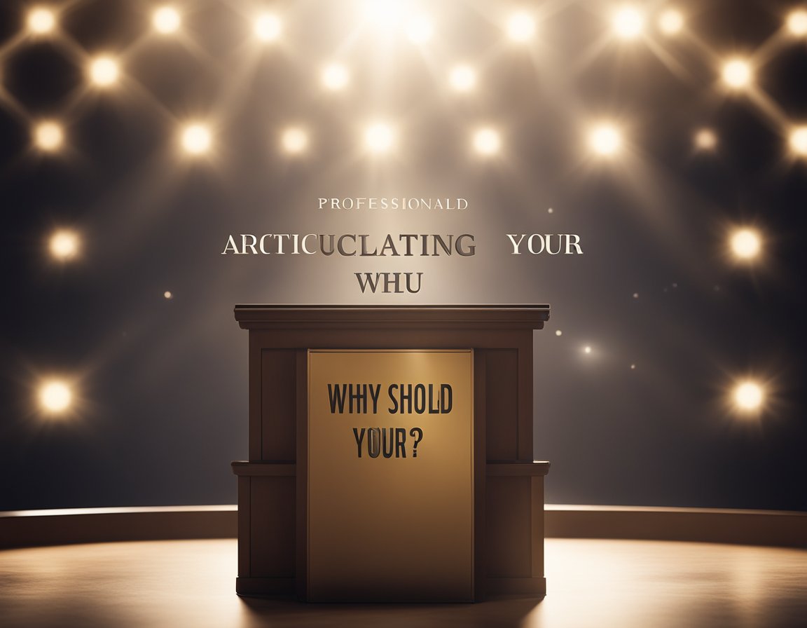 A spotlight shines on a podium with the words "Articulating Your Value Why Should We Hire You? - Professional Answers" displayed in bold letters