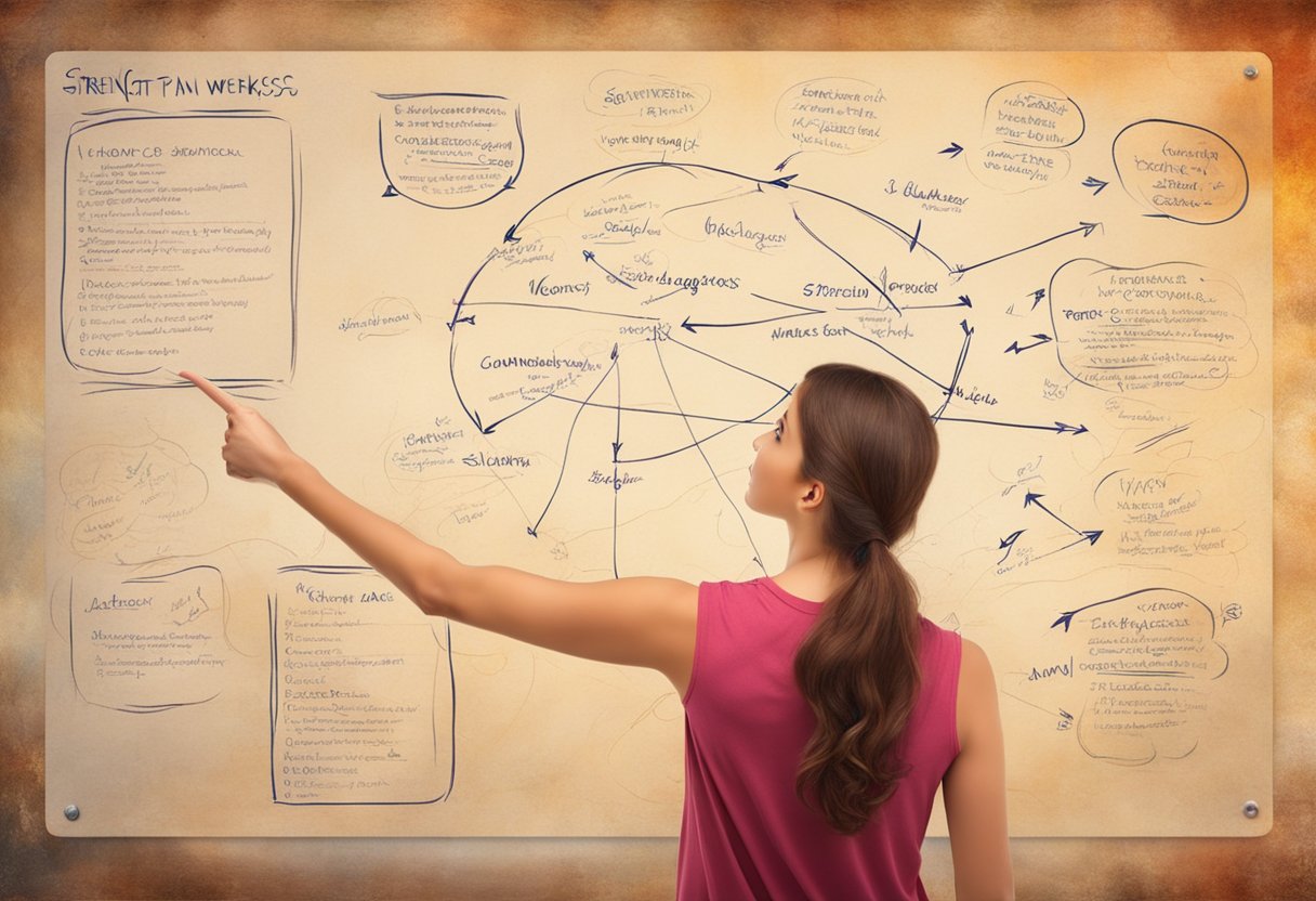 A person pointing to a list of strengths and weaknesses on a whiteboard, with arrows indicating communication and balance