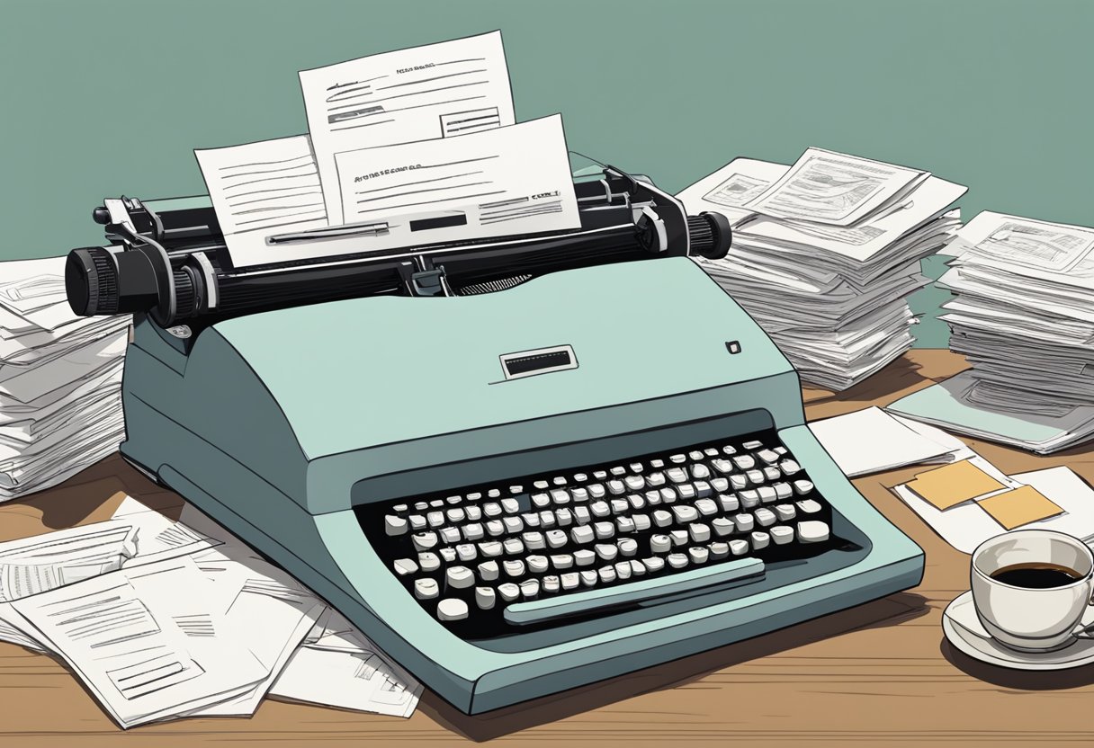 A desk cluttered with papers, a computer, and a cup of coffee. A stack of envelopes labeled "Cover Letters" sits next to a typewriter