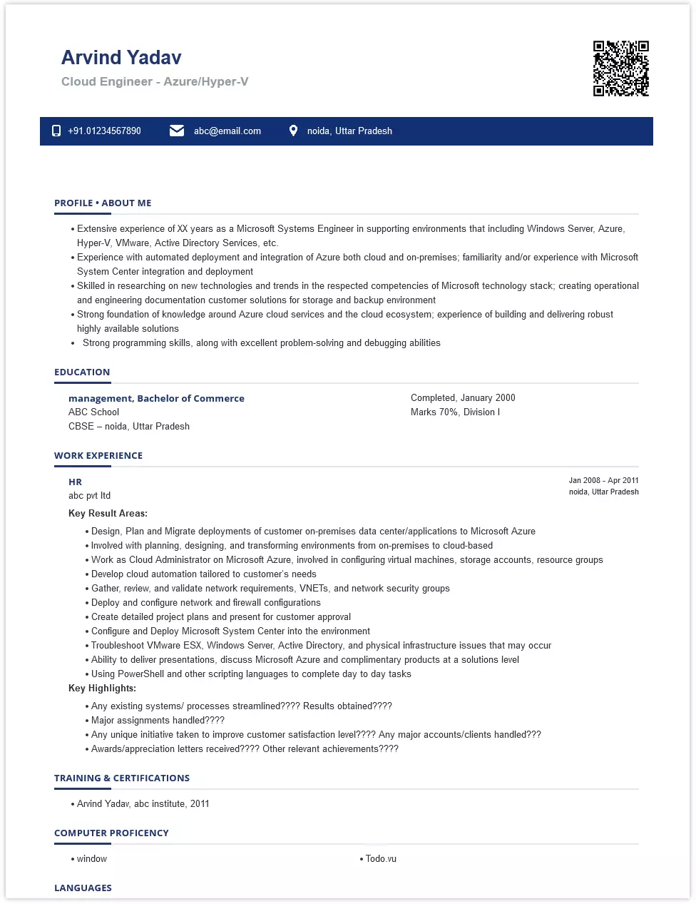 cloud engineer - azure/hyper-v resume samples