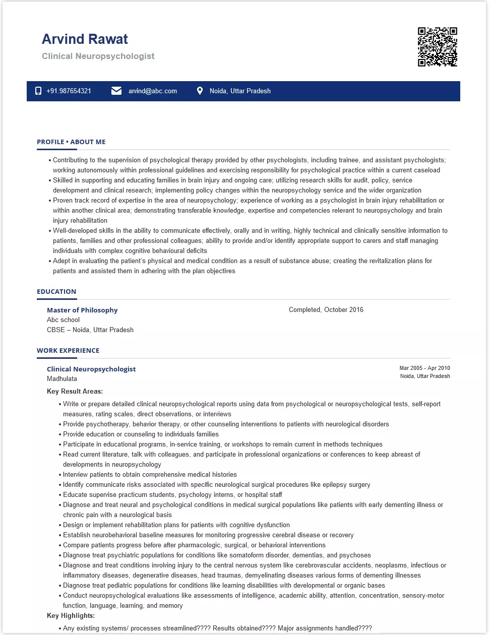 neuropsychologists, clinical resume samples