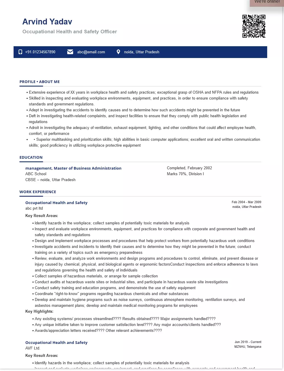 occupational health and safety resume samples